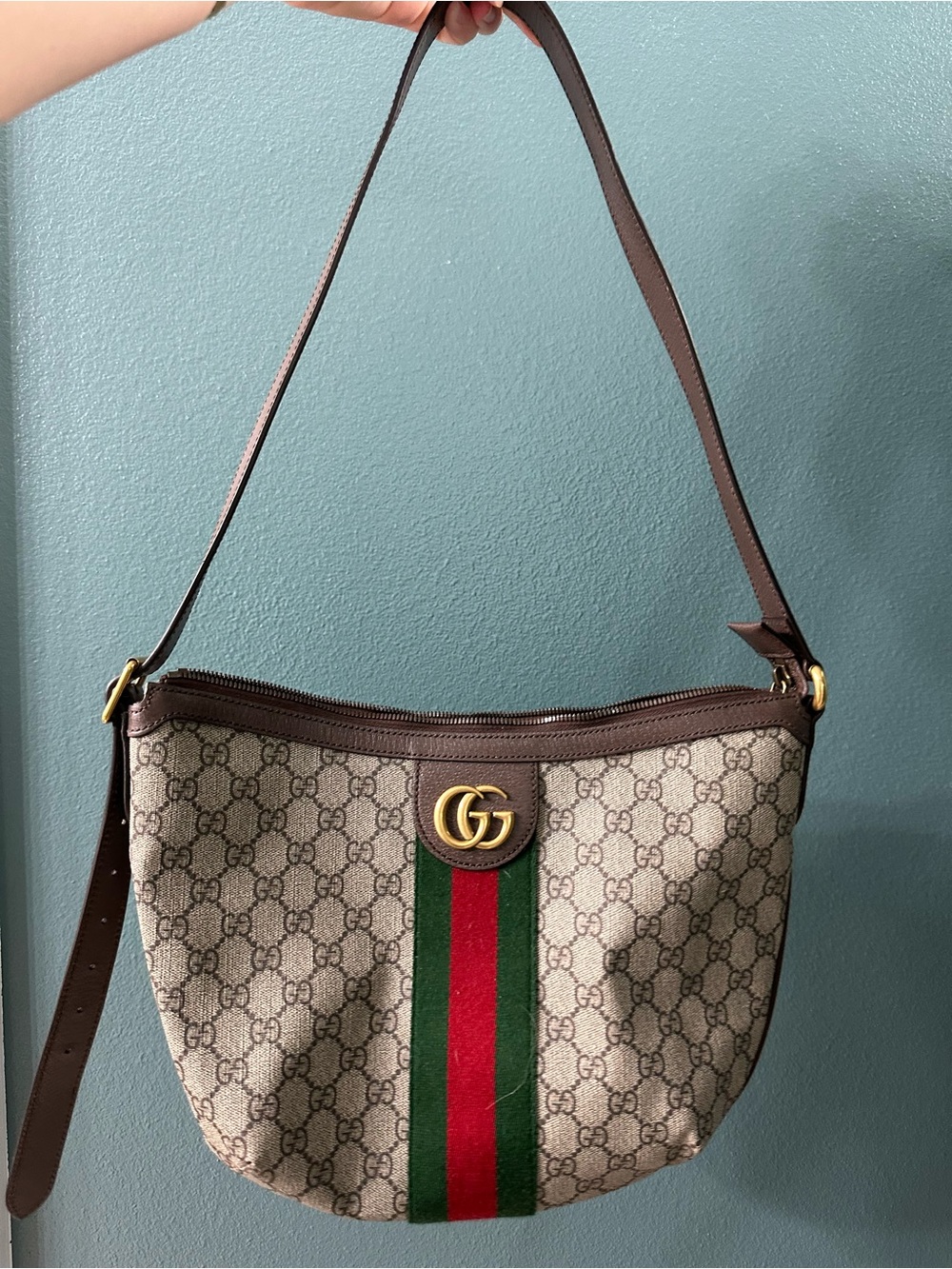 Gucci Beige Monogram Shoulder Bag with Green and Red Stripe